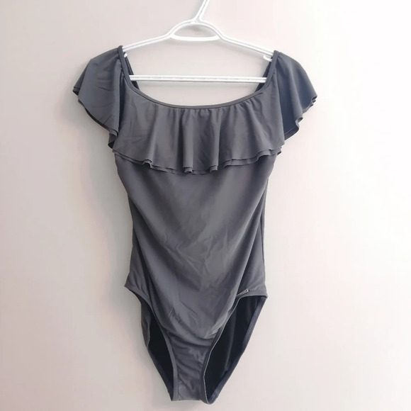 Michael Kors Off the Shoulder Ruffle One Piece Gray Bathing Swim Suit 8 - Picture 2 of 16